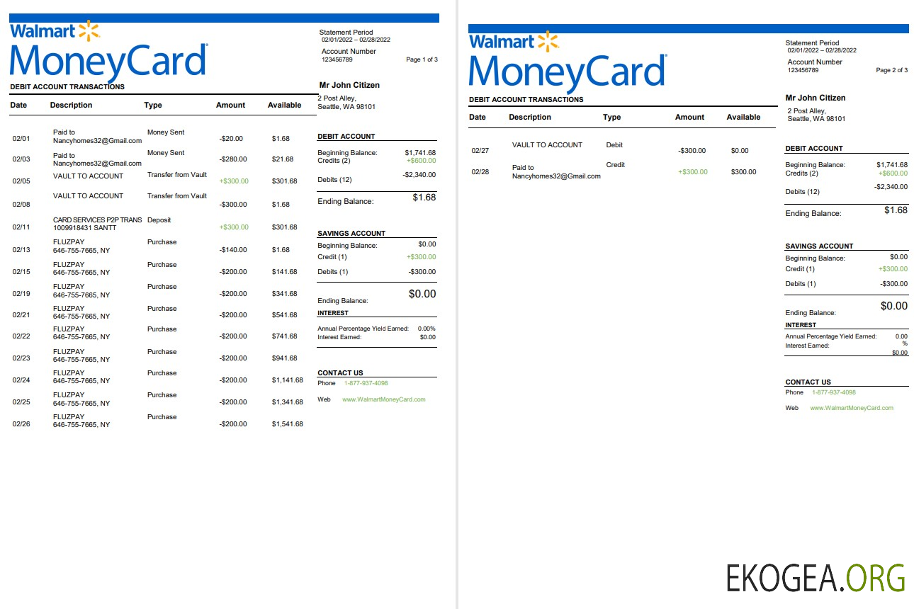 Relevé bancaire Walmart MoneyCard USA 3 pages
